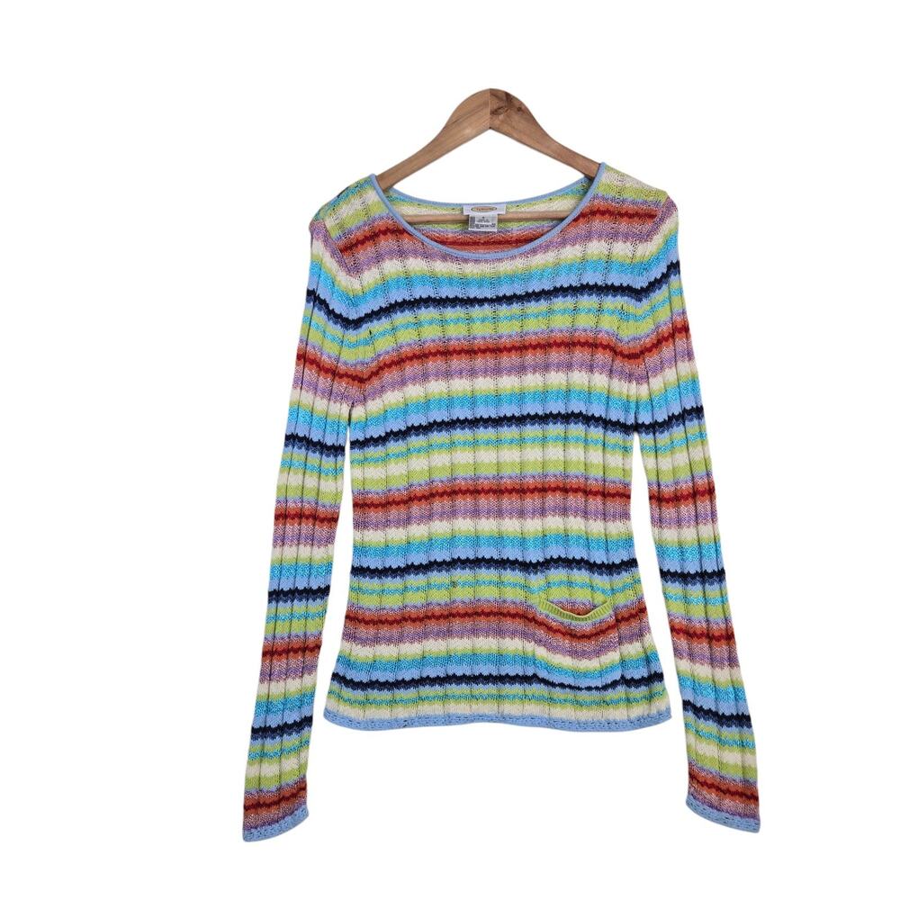 Vintage 90s Talbots Rainbow Stripe Knit Sweater Top S Retro Metallic Fitted